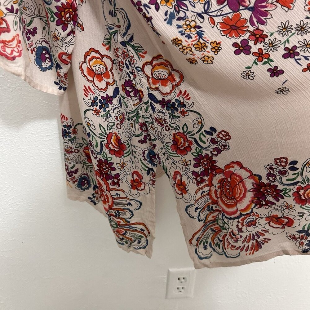 Bila Boho Hippie Floral Long Kimono Duster Cover-Up Cardigan Sz M/L Lace Trim - Picture 8 of 12